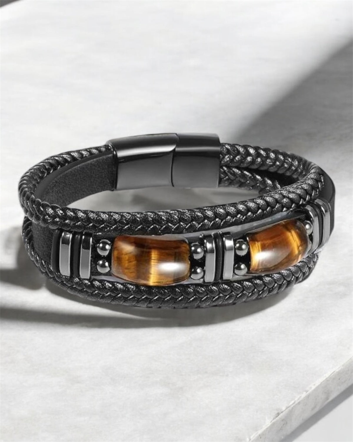 Tiger Eye & Obsidian Black Leather Bracelet