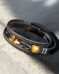 Tiger Eye & Obsidian Black Leather Bracelet